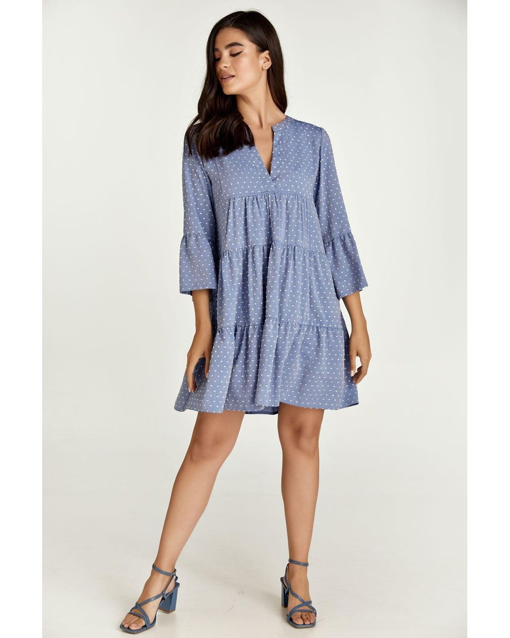 Conquista Blue Denim Style Embroidered A Line Dress
