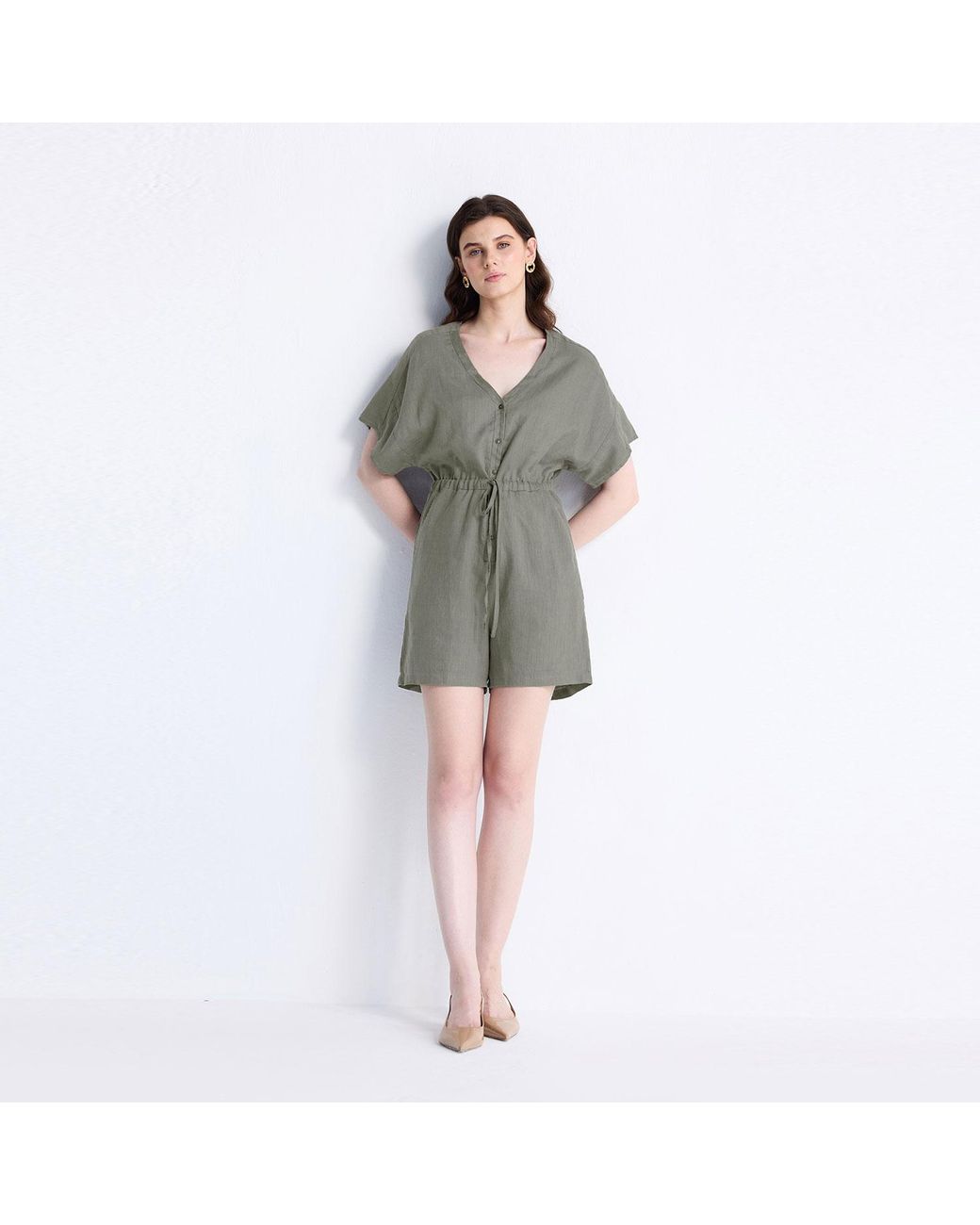 REISTOR Green V Neck Drawstring Romper