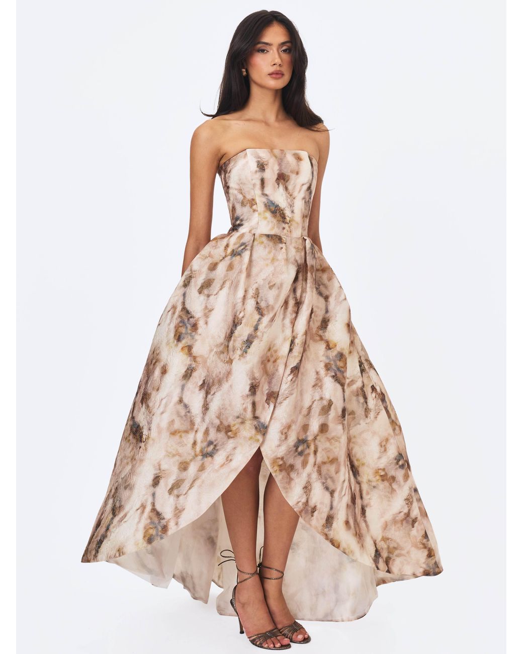 Miss Circle New York Natural Neutrals Micaela Camel Watercolor Jacquard Chiffon Dipped Hem Gown