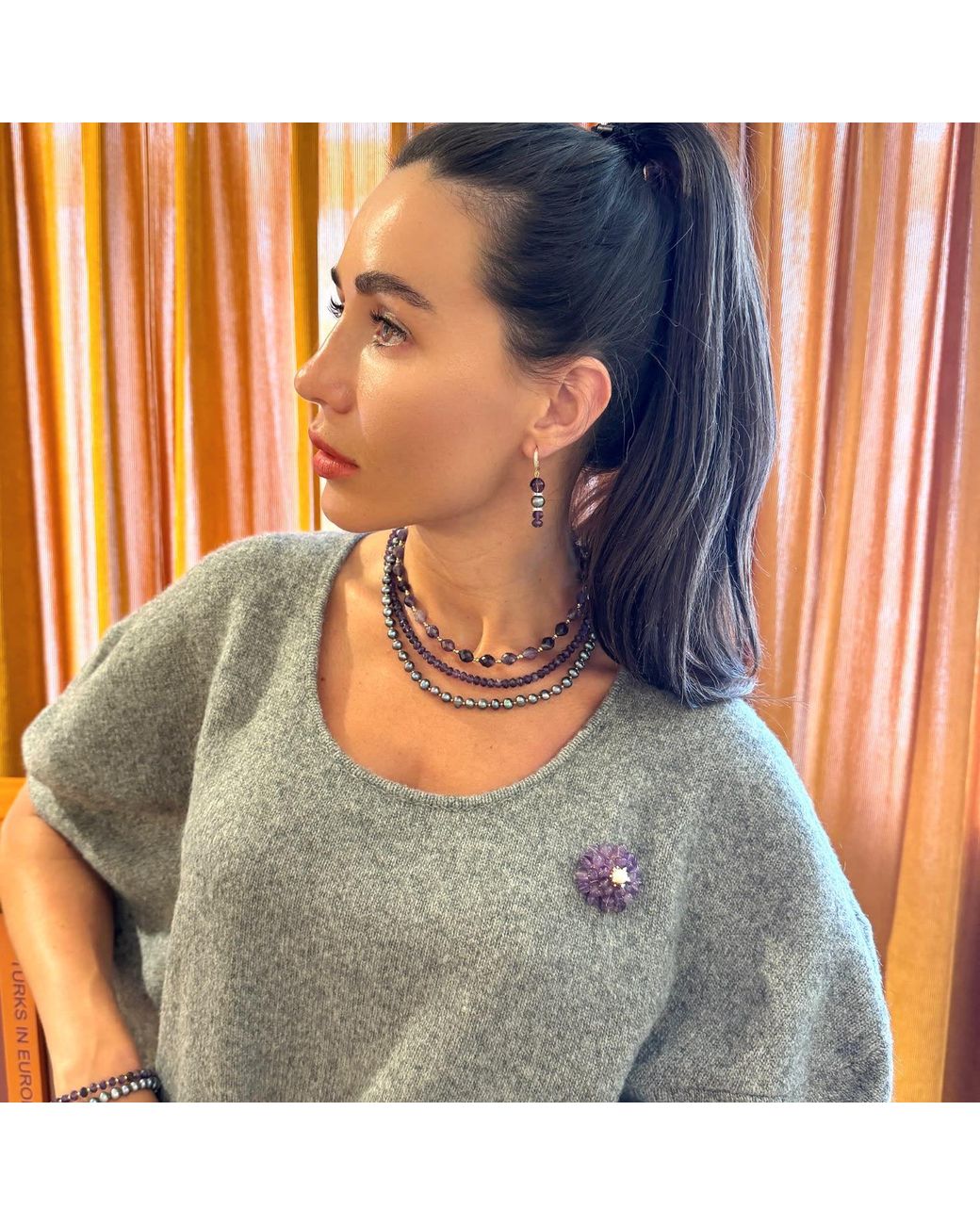 Farra Purple Flower Shaped Amethyst With Freshwater Pearl Brooch