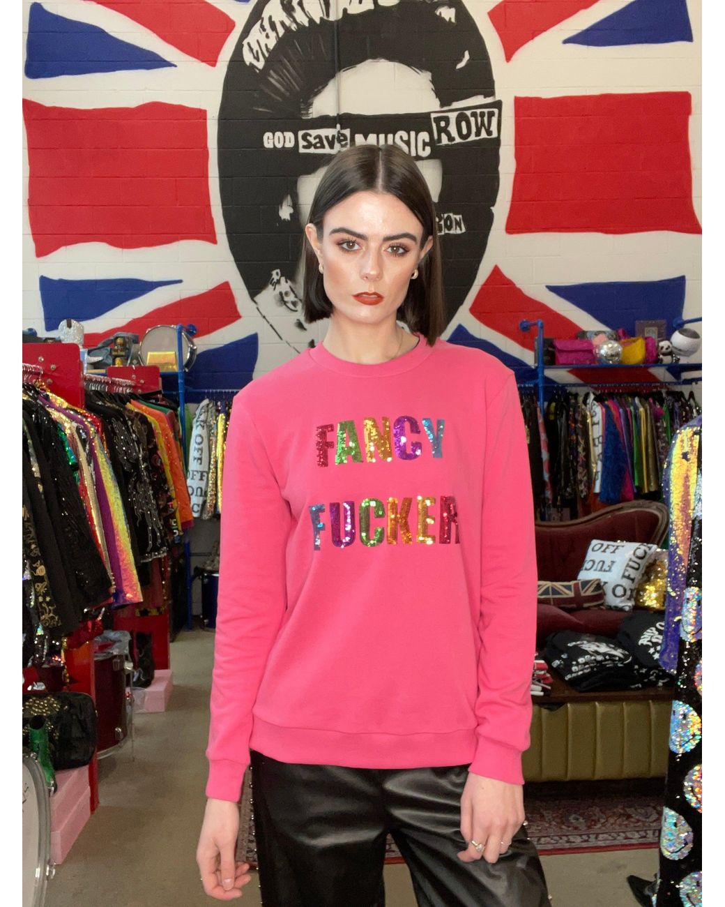 Any Old Iron Pink Fancy Fucker Sequin Sweatshirt