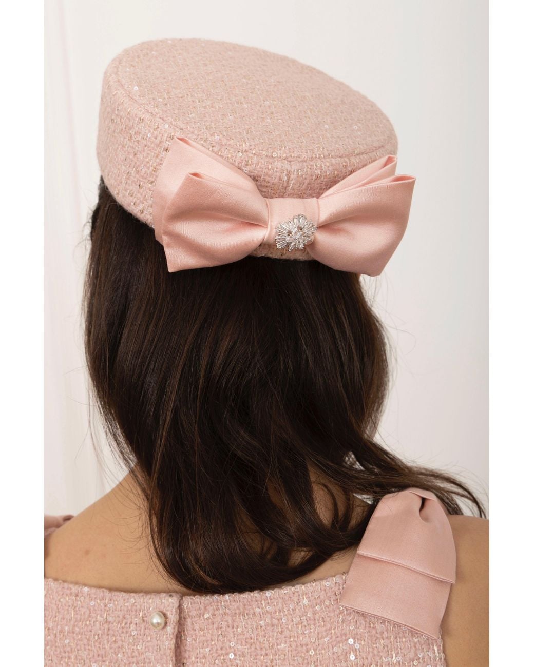 Santinni Pink 'Amour' Woollen Tweed Pillbox Hat With Silk Bow Rosa
