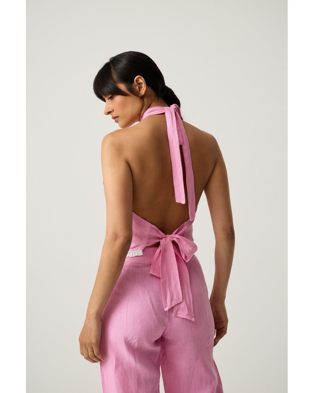 Imaura Pink Btw Linen Halter Top