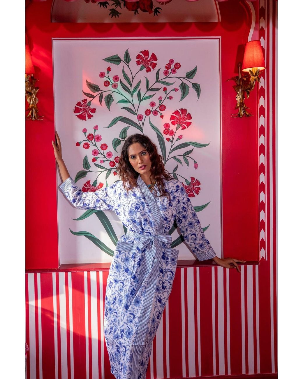 NoLoGo-chic Blue Hand Printed Cotton Kimono Robe