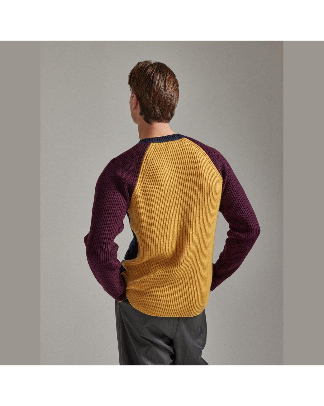 Salts Cashmere Blue Colour Block Fishermens Rib Crew Neck Sweater