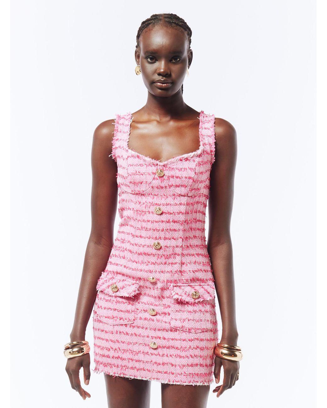 Sour Figs Pink Tweed Frayed Trim Mini Dress