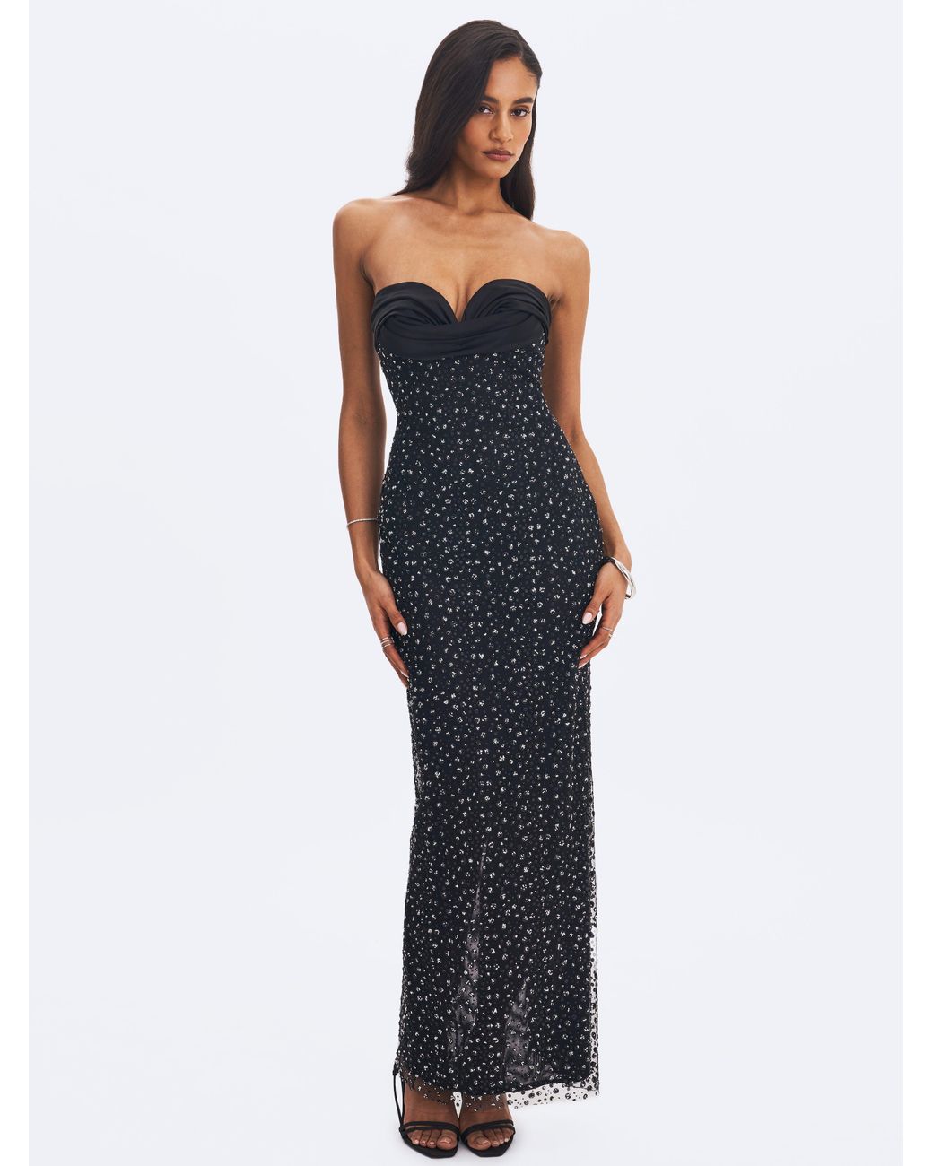 Miss Circle New York Black Preslie Satin & Crystal Mesh Sheath Maxi Dress