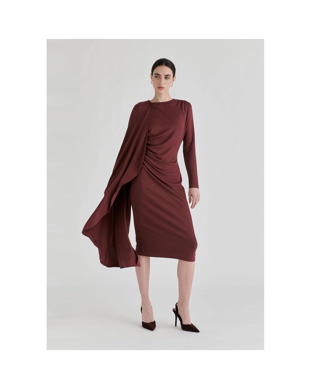 Paisie Red Asymmetrical Cape Sleeve Lyocell Jersey Midi Dress