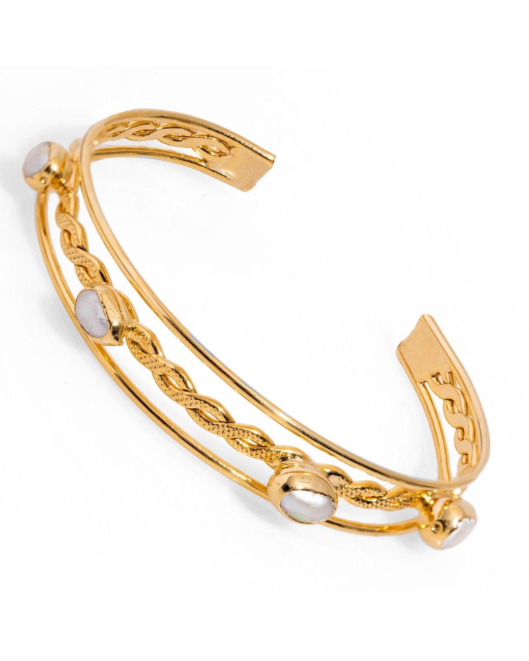Ebru Jewelry Metallic Pearl Twisted Gold Cuff Bracelet