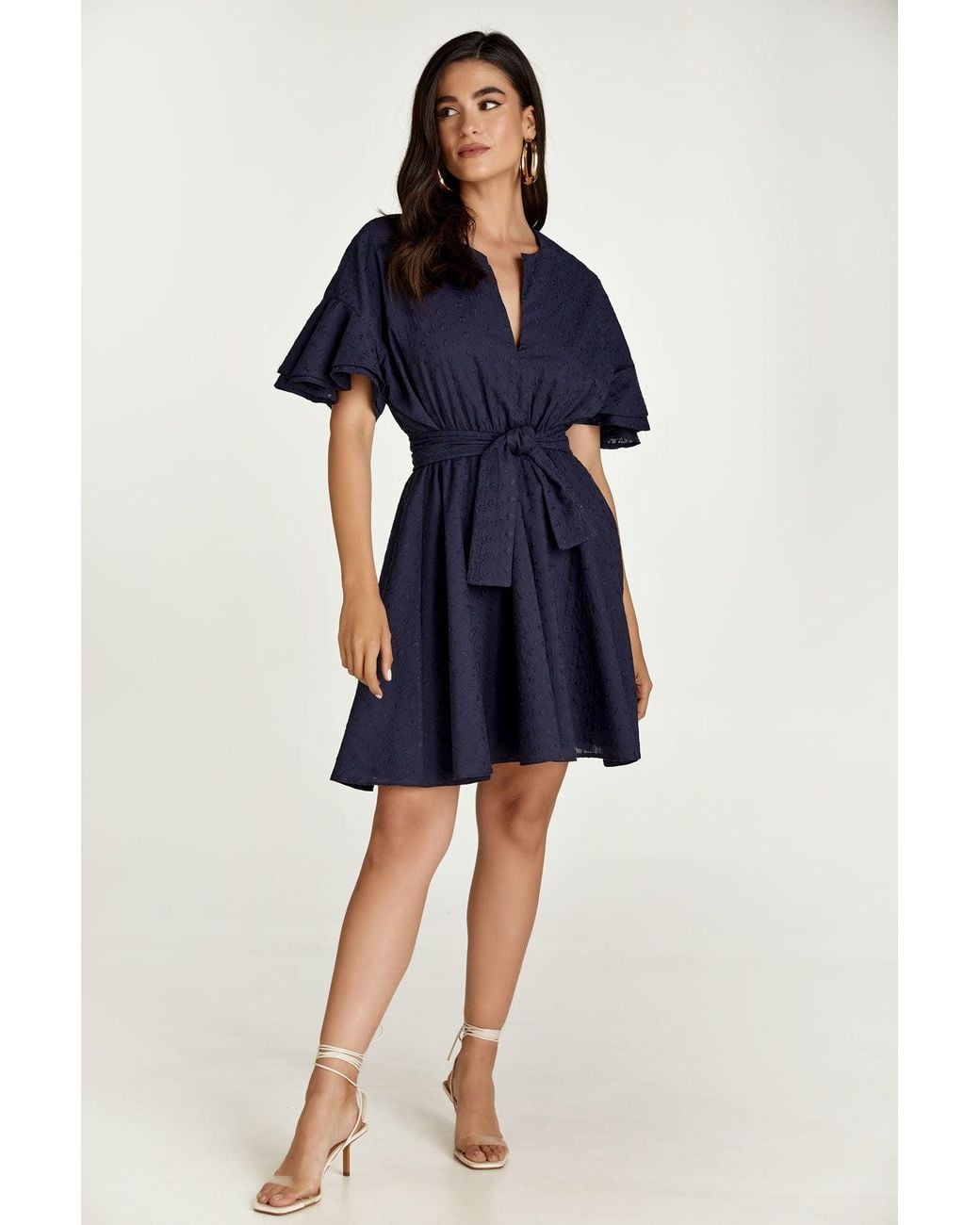 Conquista Blue Dark Embroidered Dress With Ruffle Sleeves