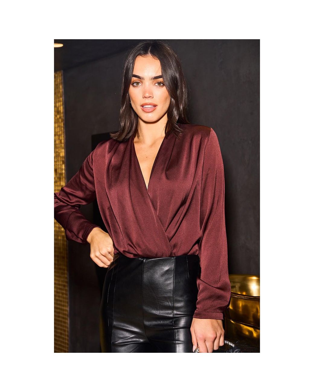 Urban Touch Red Satin Wrap Front Bodysuit Chocolate