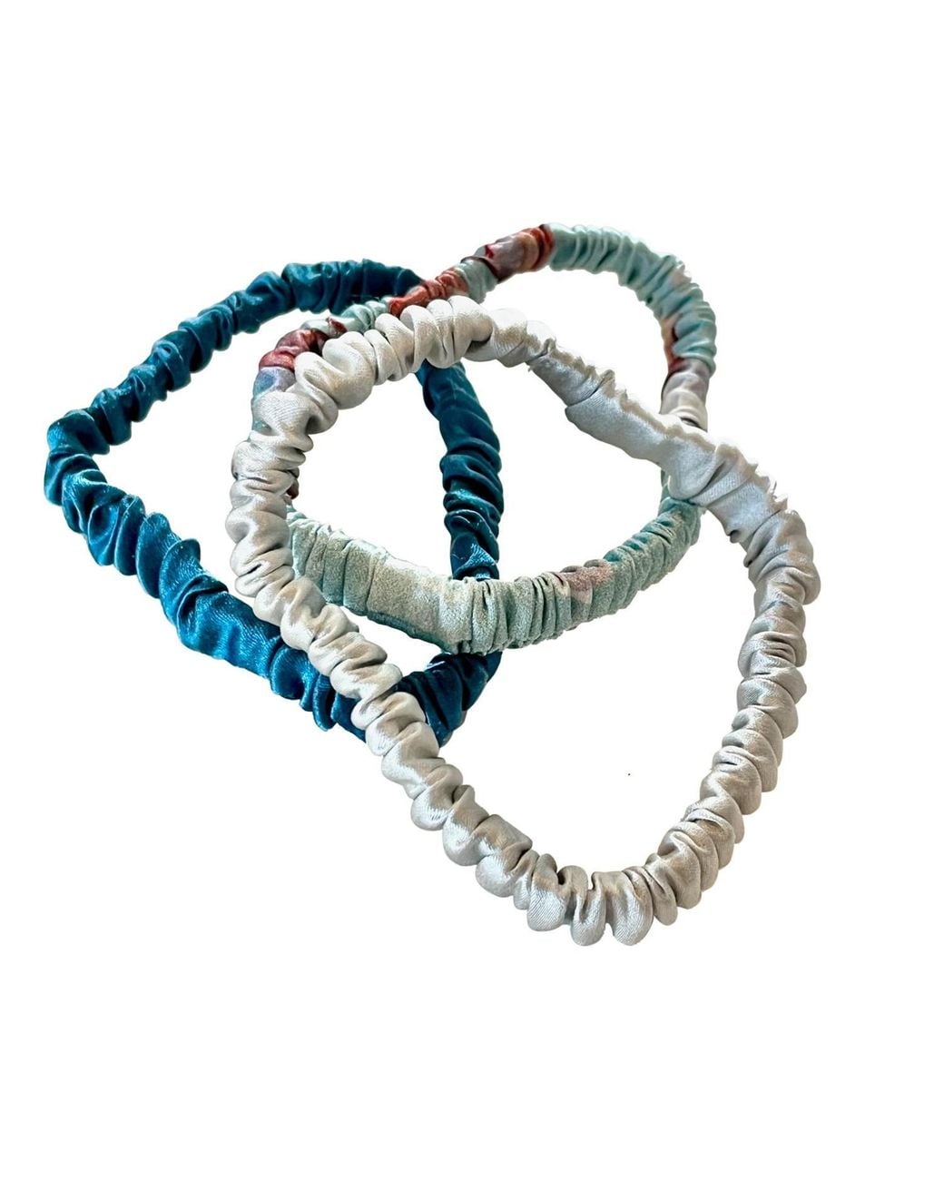 Soft Strokes Silk Blue Set Of Three Pure Mulberry Silk Skinny Scrunchies Weekly Special Hair Ties Coastal Garden Paradise