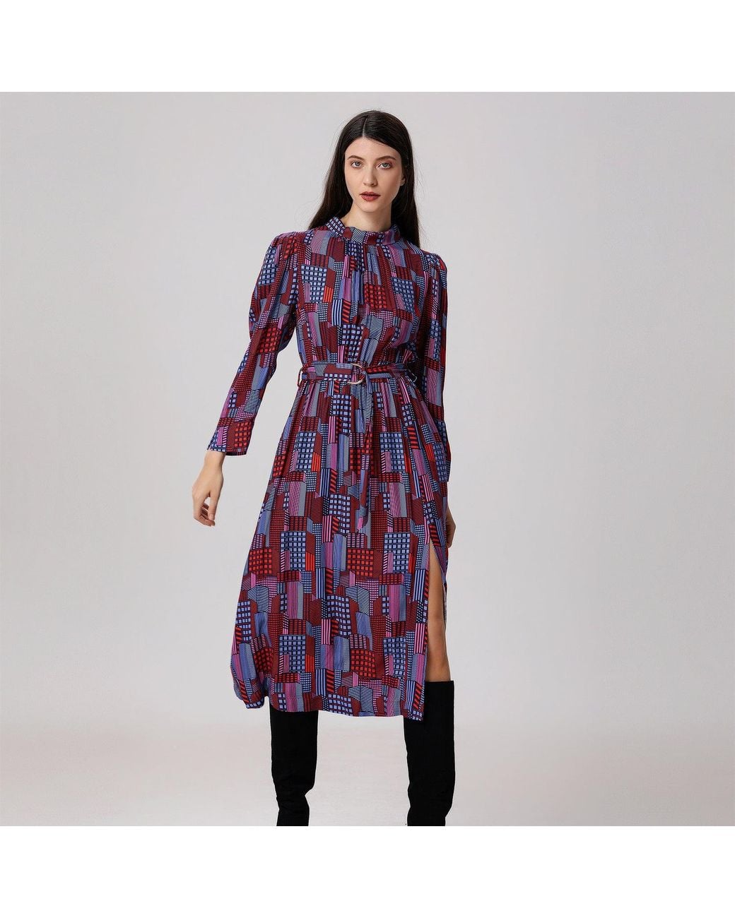 Smart and Joy Purple Geometric Print Viscose Midi Shirt Dress