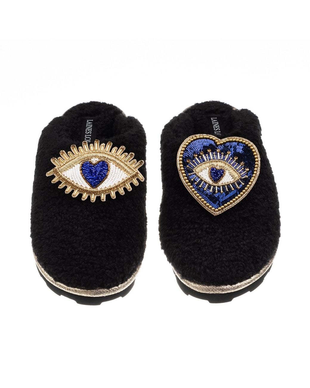 Laines London Black Teddy Closed Toe Slippers With Double Heart & Love Eye Brooches