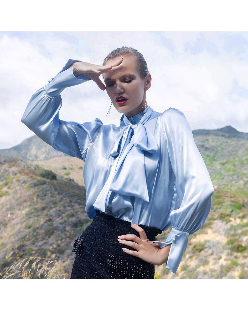 Solgo Atelier Blue Phaius Bow Tie Silk Charmeuse Blouse