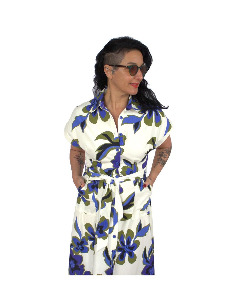 Lalipop Design Blue Floral Print Cotton Shirt Dress