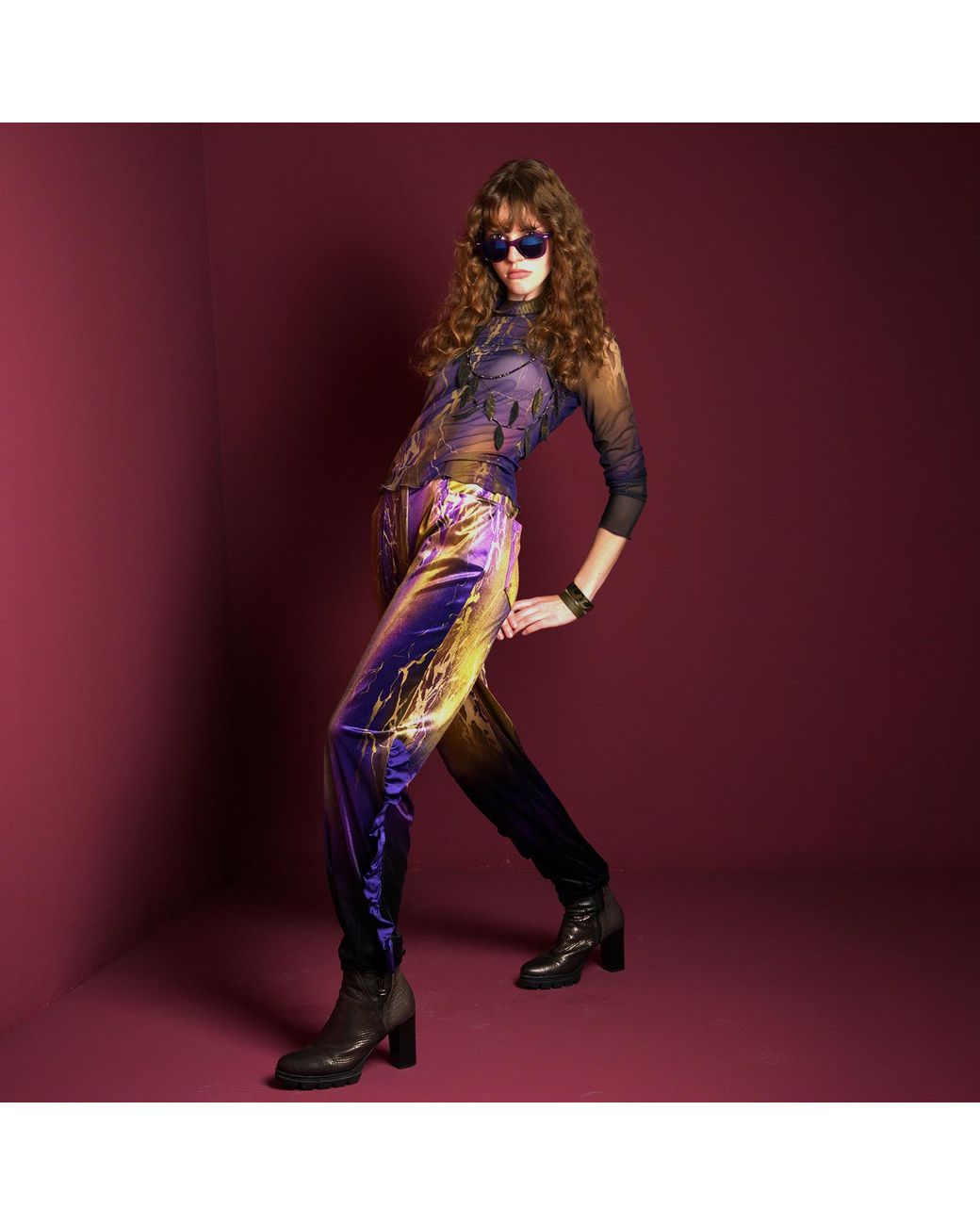 Lalipop Design Purple Abstract Print Velvet High-Waist Pants