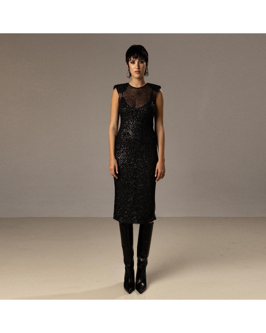 Nissa Black Sequined Mesh Midi Dress