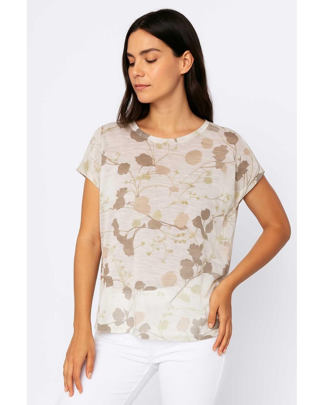 Conquista White Sheer Striped Jersey Top With Floral Print