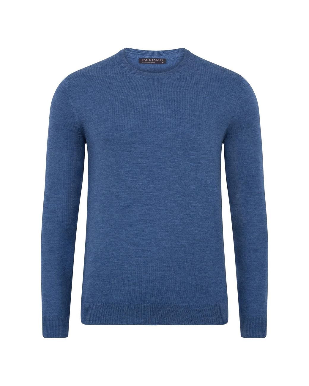 Paul James Knitwear Blue Extra Fine Merino Wool Callington Crew Neck Jumper for men