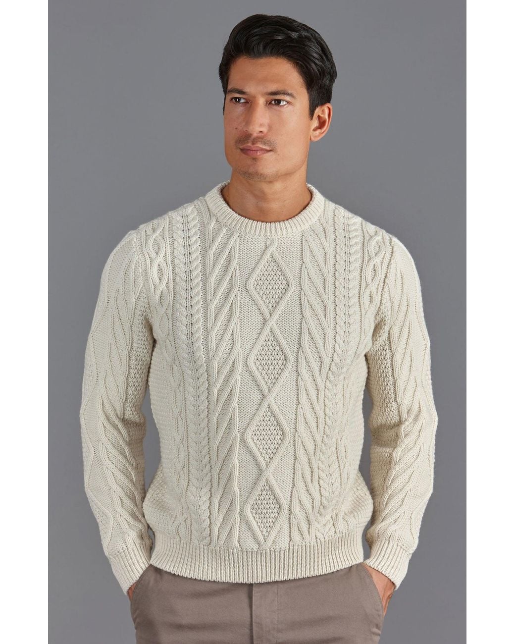 Paul James Knitwear Gray Neutrals Chunky Merino Wool Cameron Cable Jumper for men