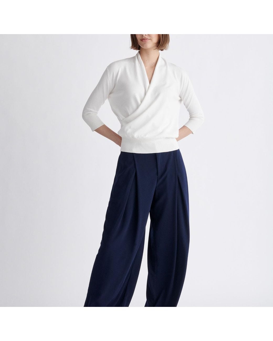 Paisie White Cropped Sleeve Knitted Wrap Top