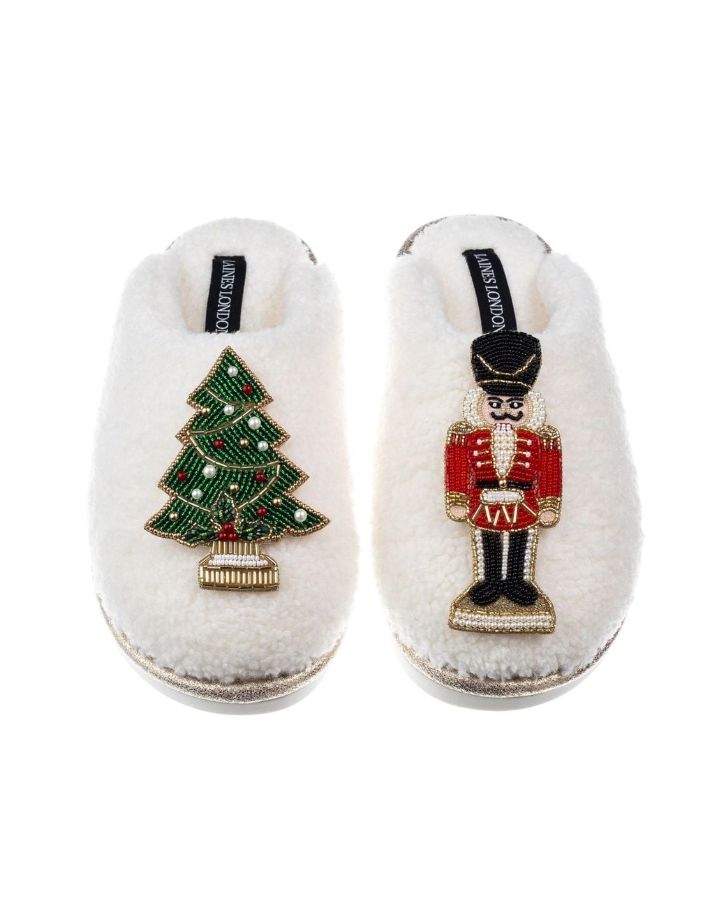 Laines London White Neutrals Teddy Closed Toe Slippers With Christmas Tree & Nutcracker Brooches