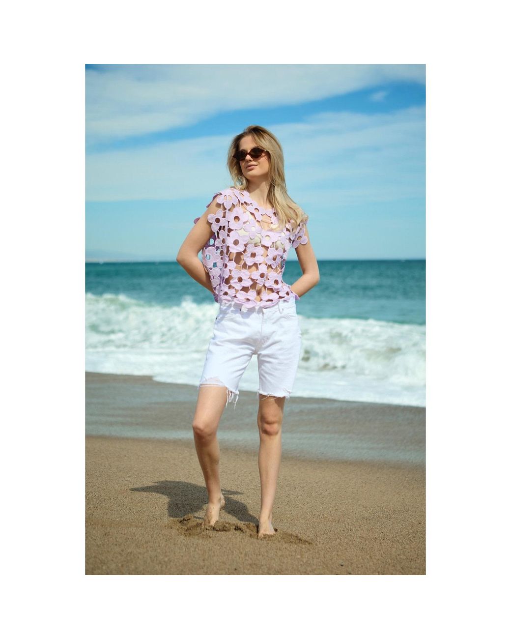 Saachi Purple Floral Open Knit Vest Lilac Top