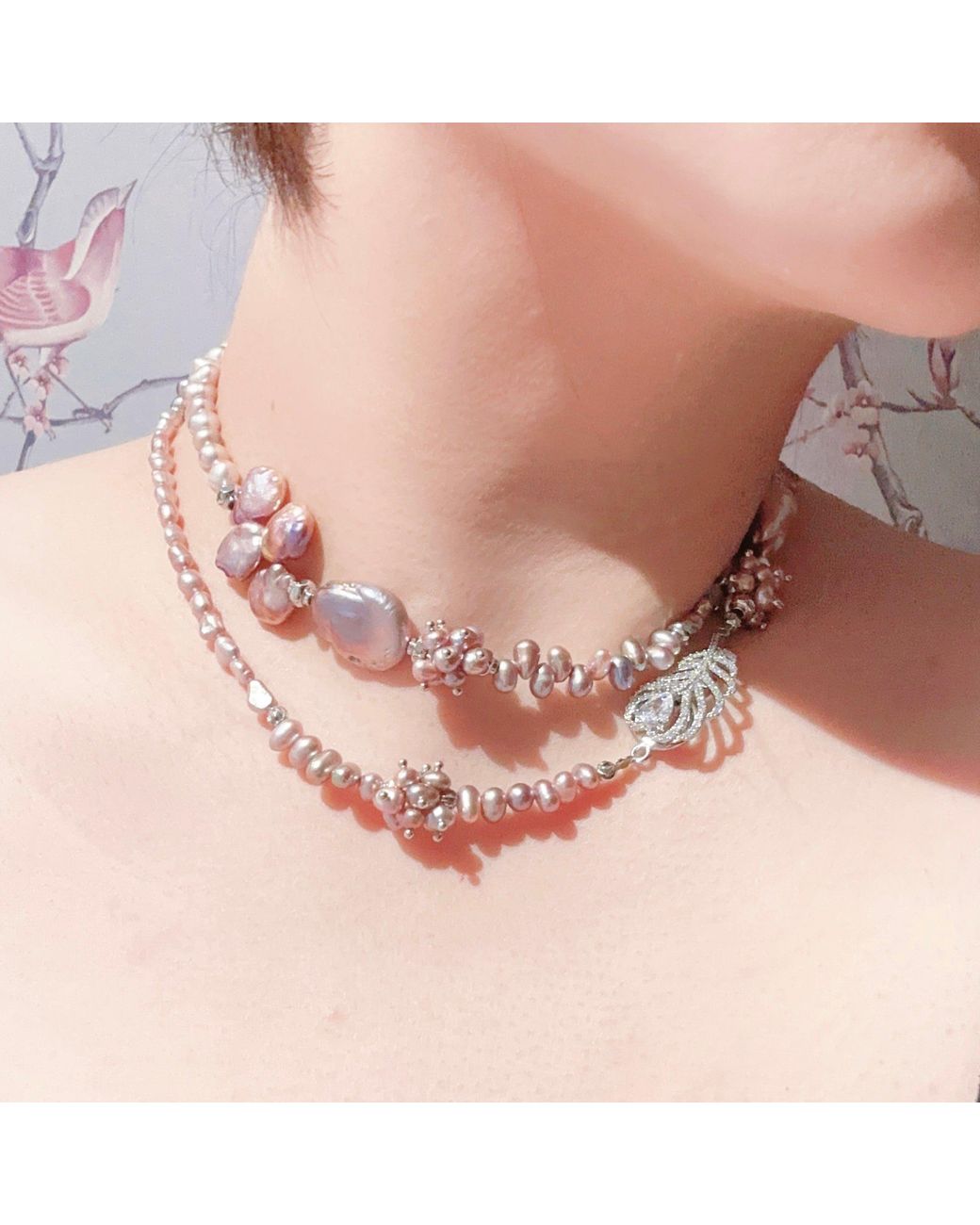 Ninemoo Pink Opulent Rose Petal Pearl Cascade Necklace