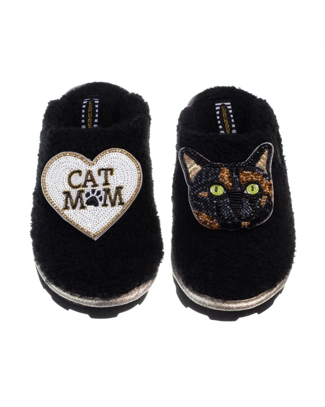 Laines London Black Teddy Closed Toe Slippers With Misty Cat & Cat Mum Mom Brooches