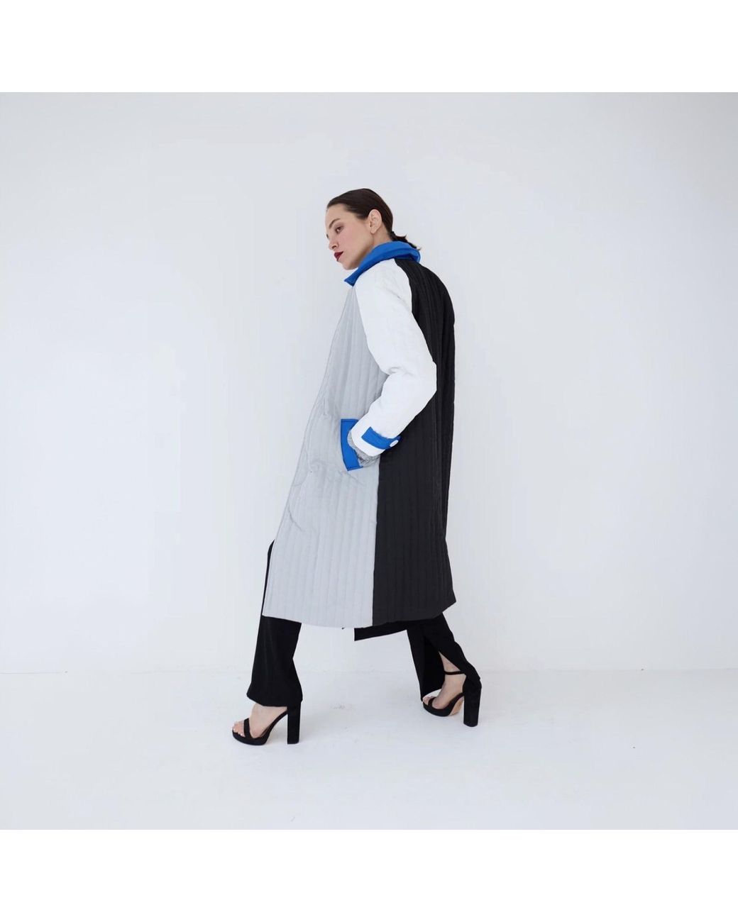 London Atelier Byproduct Blue Patchwork Colour Block Quilt Long Jacket