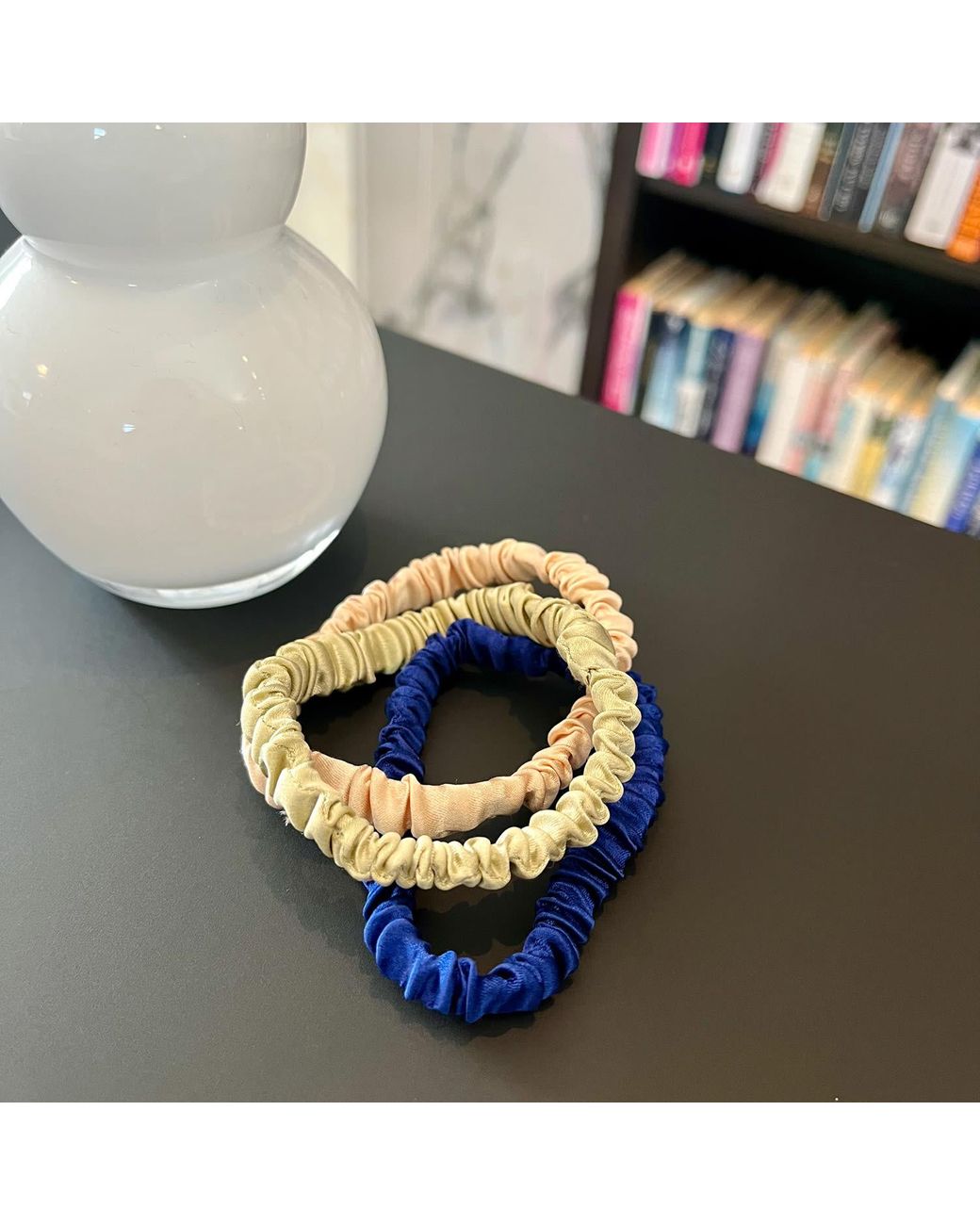 Soft Strokes Silk Blue Neutrals Set Of Three Pure Mulberry Silk Skinny Scrunchie Weekly Special Hair Ties Spring Classics