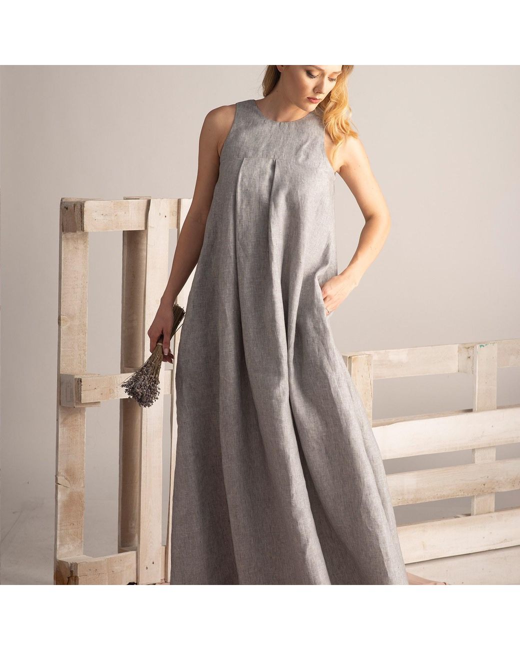 Nikka Place Gray Oversized Linen Kaftan Dress With Pockets