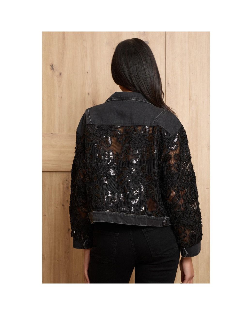 Saachi Black Denim Sequin Soft Lace Jacket