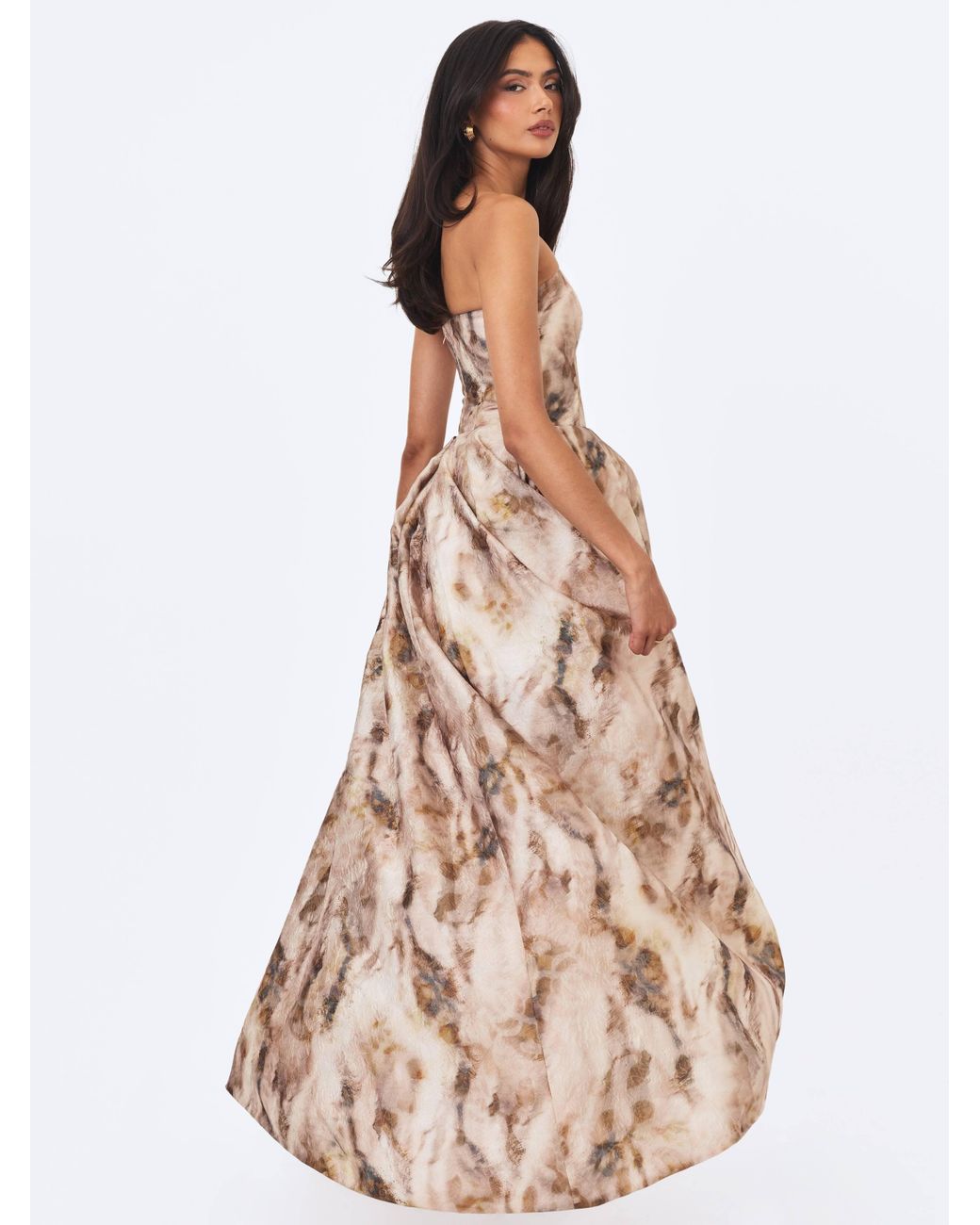 Miss Circle New York Natural Neutrals Micaela Camel Watercolor Jacquard Chiffon Dipped Hem Gown