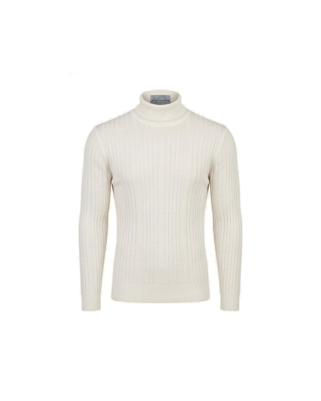 Ron Tomson White Roll Neck Ribbed Sweater for men