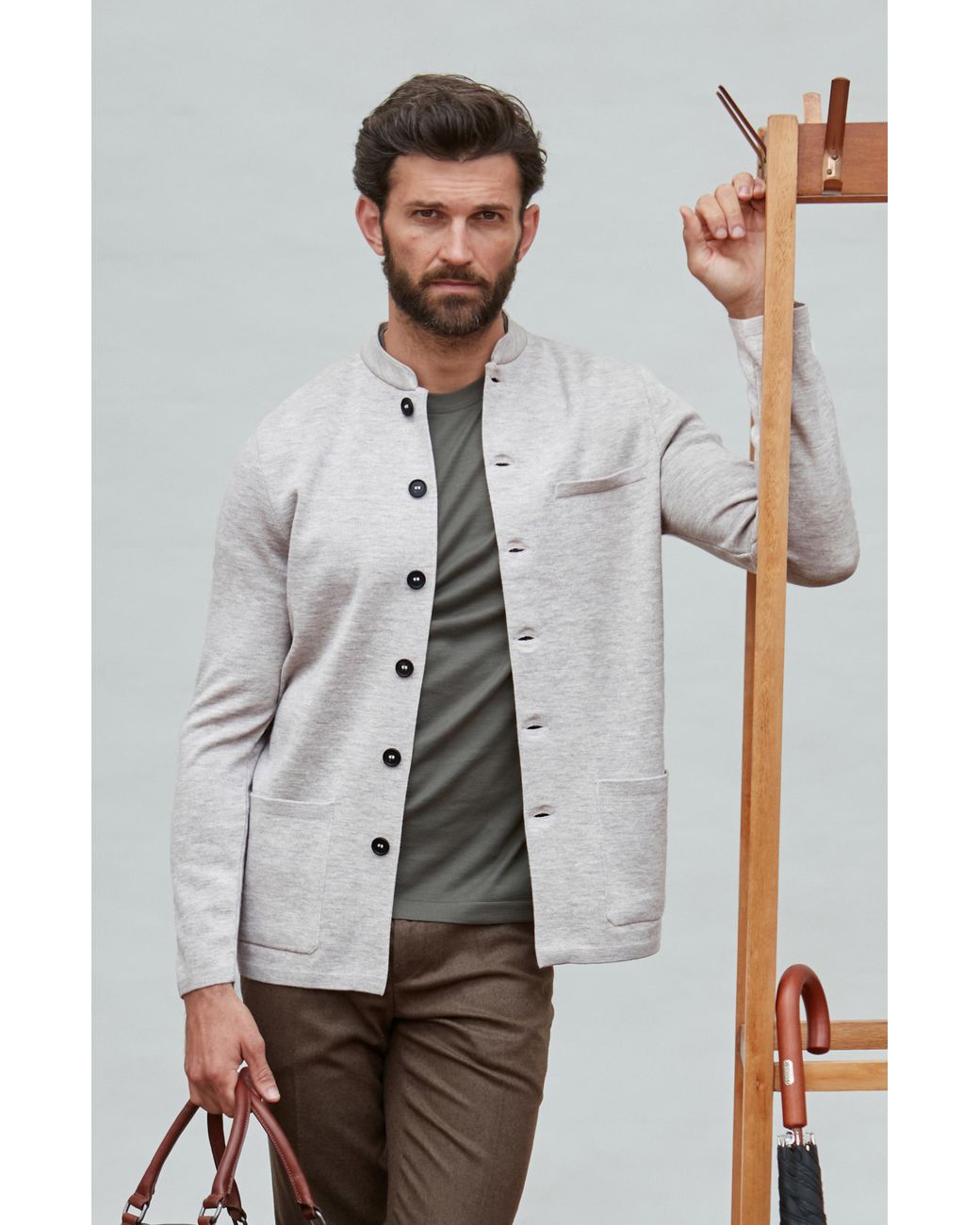 Paul James Knitwear Gray Neutrals Extra Fine Merino Wool Alonzo Knitted Nehru Jacket for men