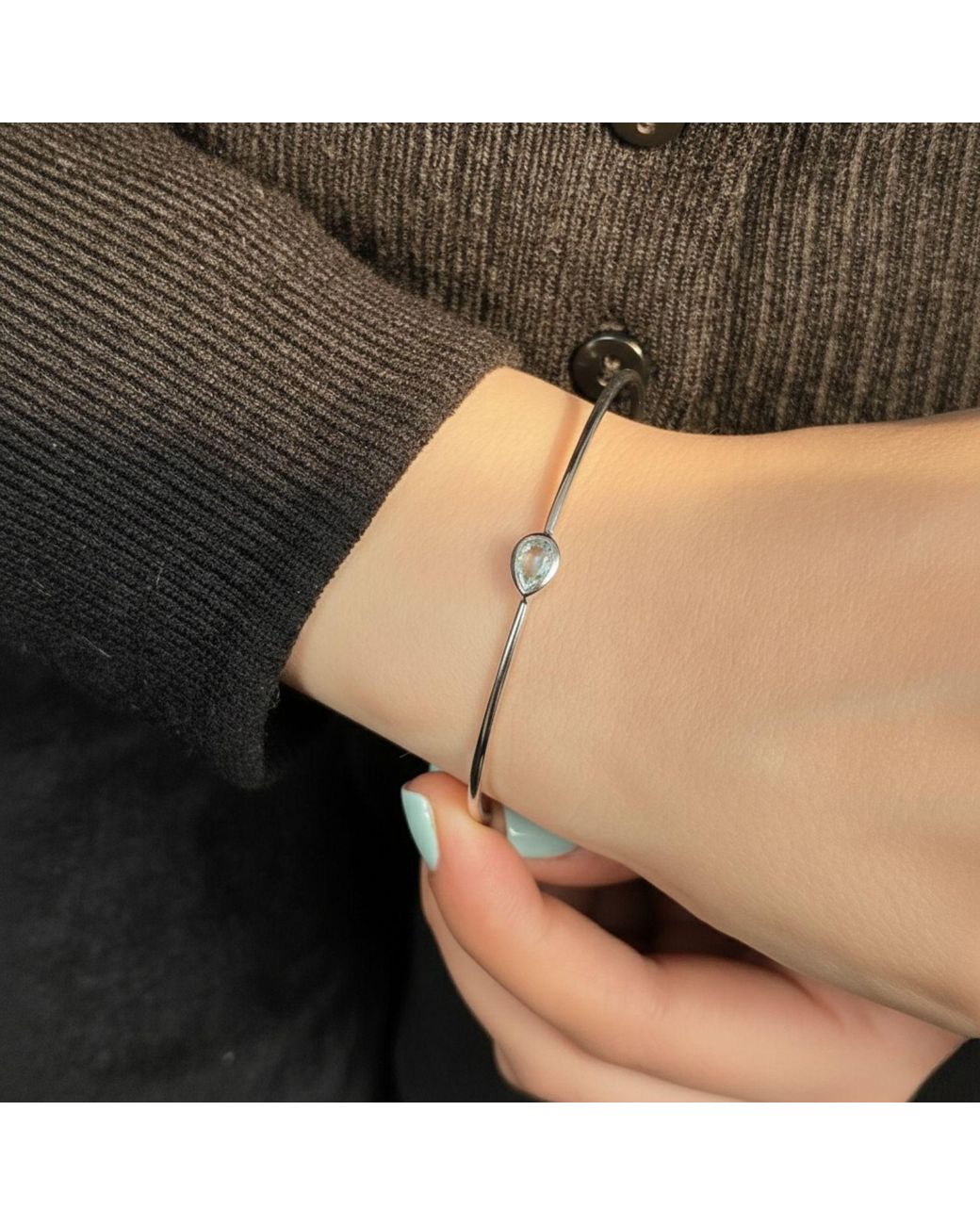 Sophelia Metallic Minimalist Sterling Aquamarine March Birthstone Bangle Bracelet