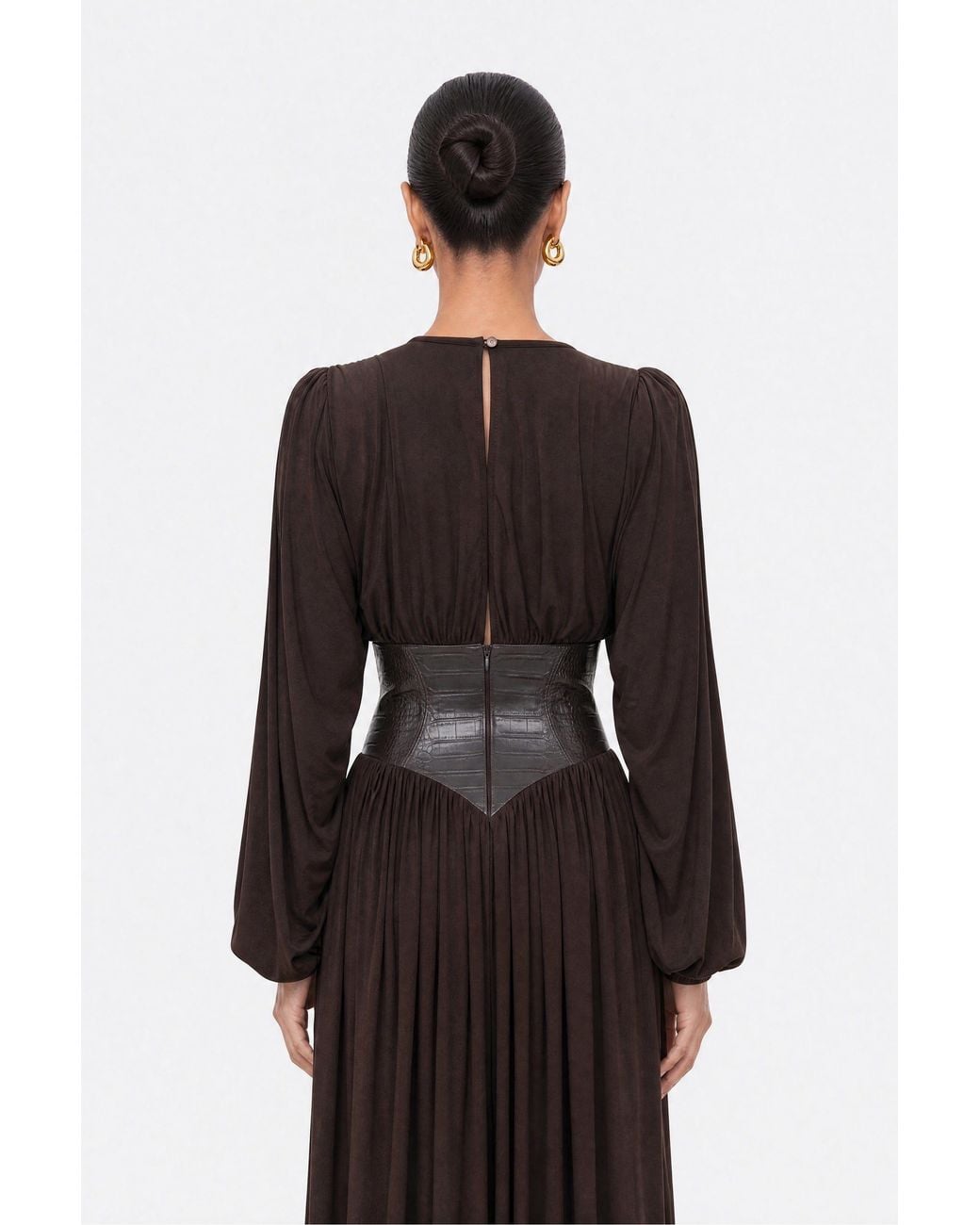 Nocturne Brown Leather Corset Maxi Dress