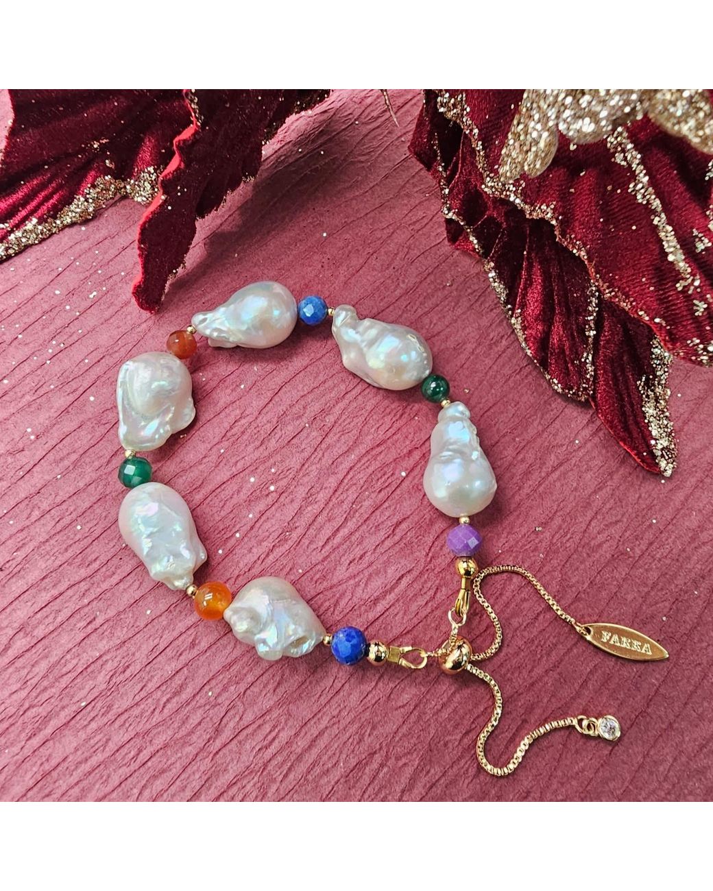 Farra Metallic Baroque Pearl With Colorful Gemstone Bracelet