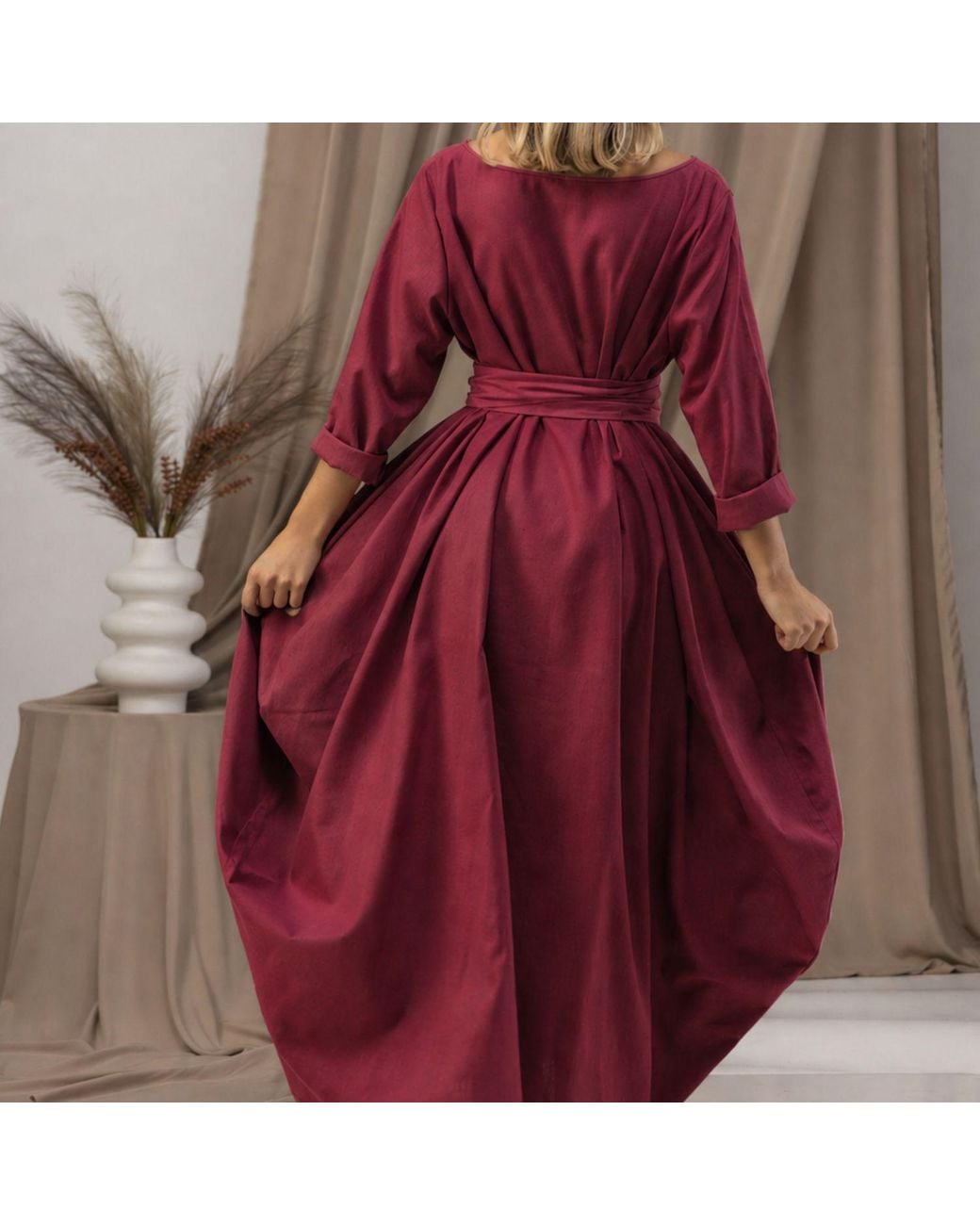 Nikka Place Red Oversized Maxi Linen Dress With Belt