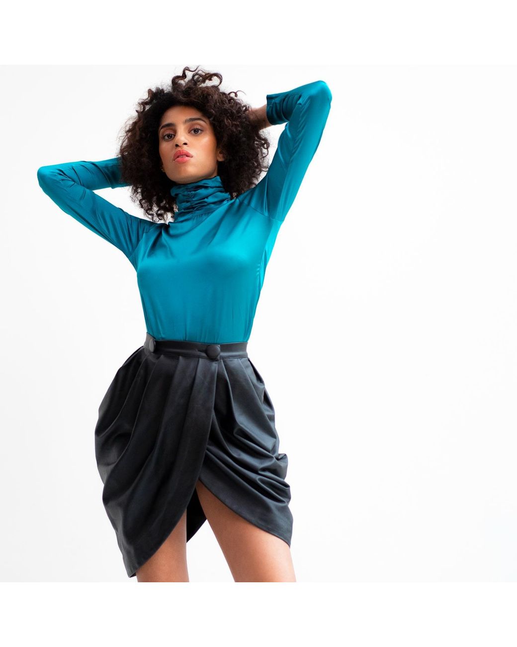 Monique Singh Blue Silk Turtleneck Top