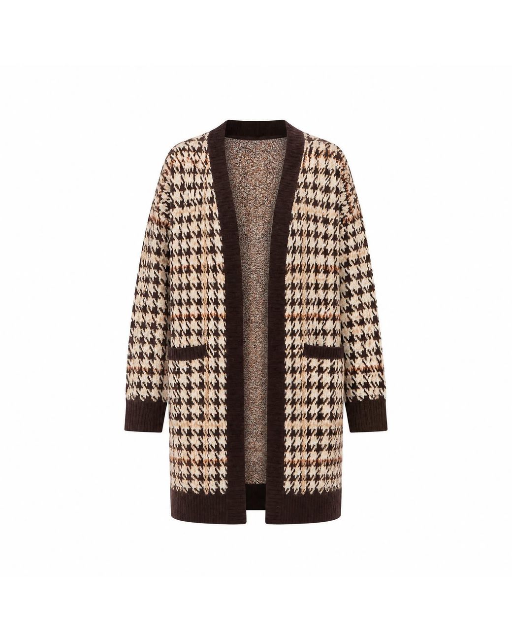 Yumi' Brown Knitted Check Long Cardigan