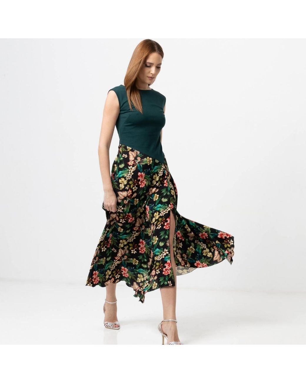 IZABELA MANDOIU Green Two-Tone Jersey Top Floral Midi Dress