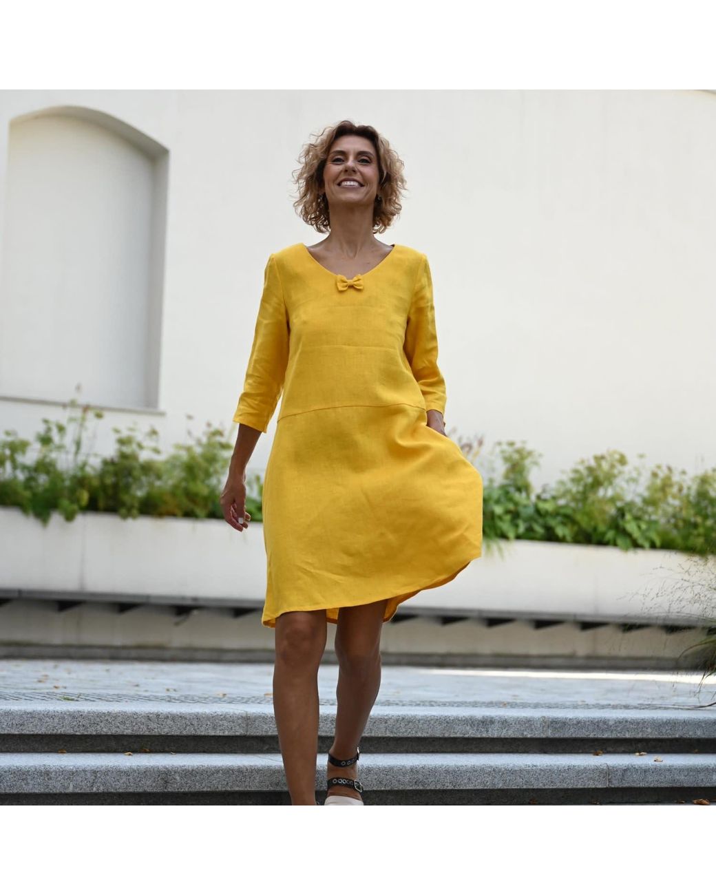 LeMuse Yellow Sun — V-Neck Stonewashed Linen Dress