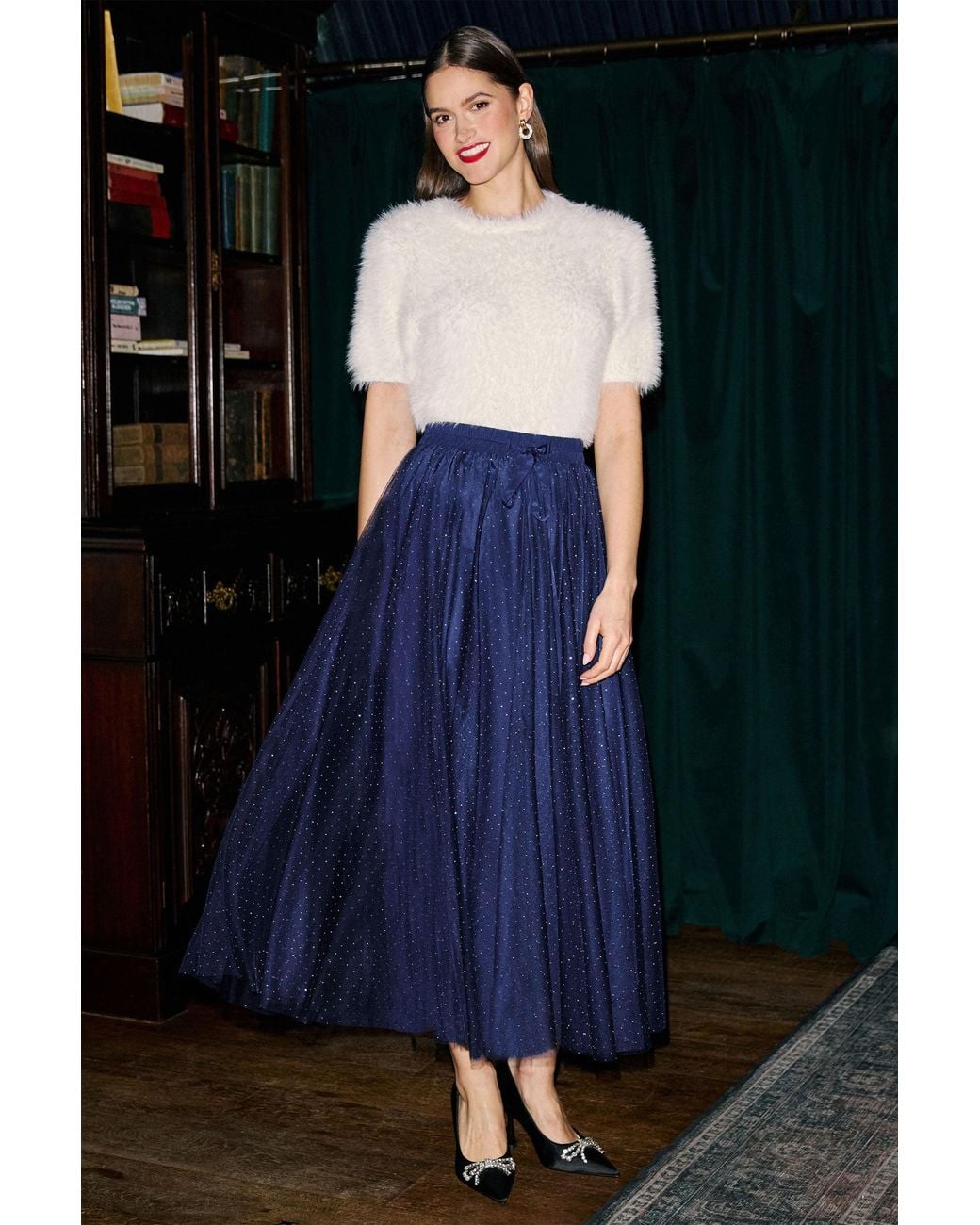 Yumi' Blue Diamonte Tulle Midi Skirt