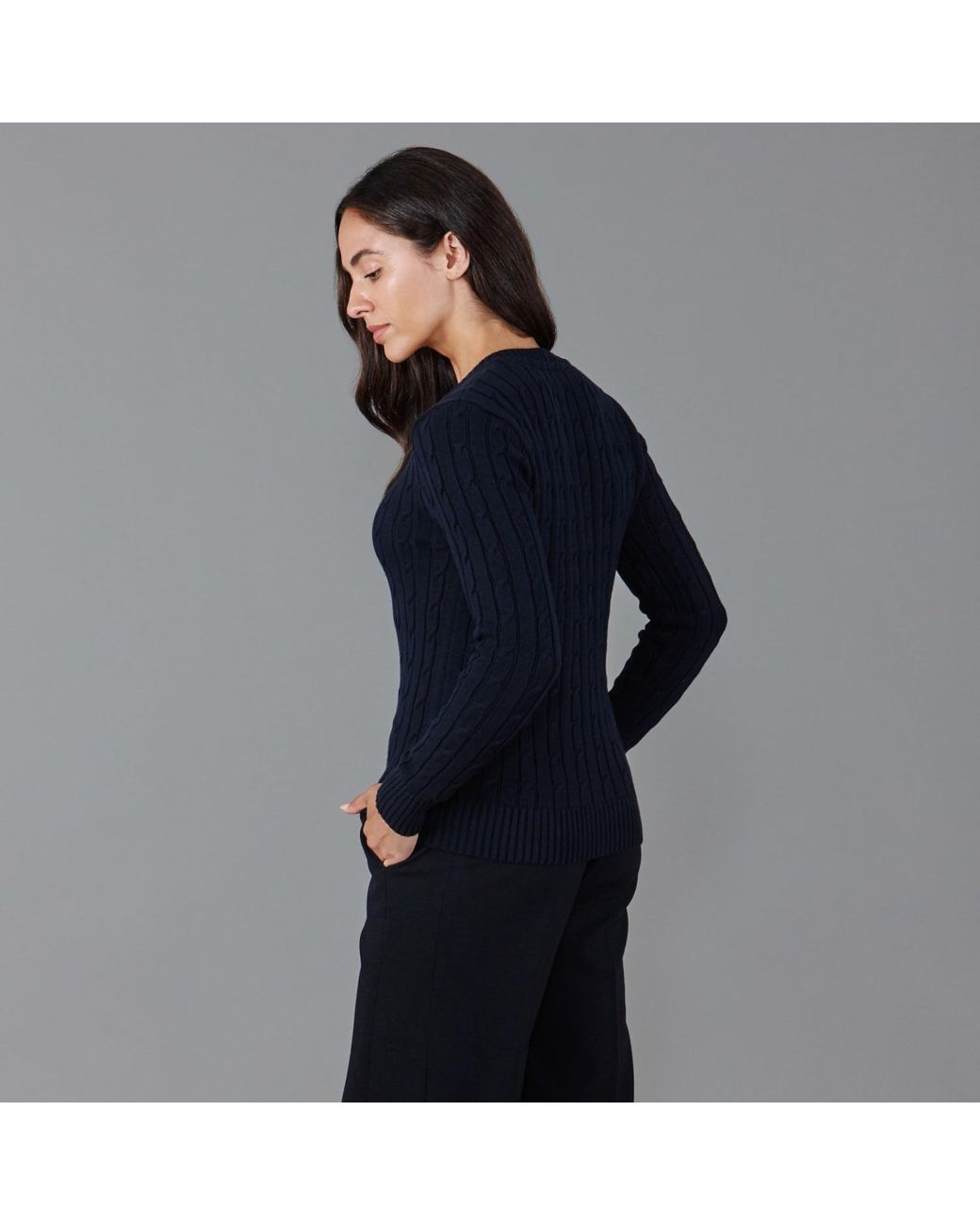 Paul James Knitwear Blue Cotton Talulah Cable V Neck Jumper