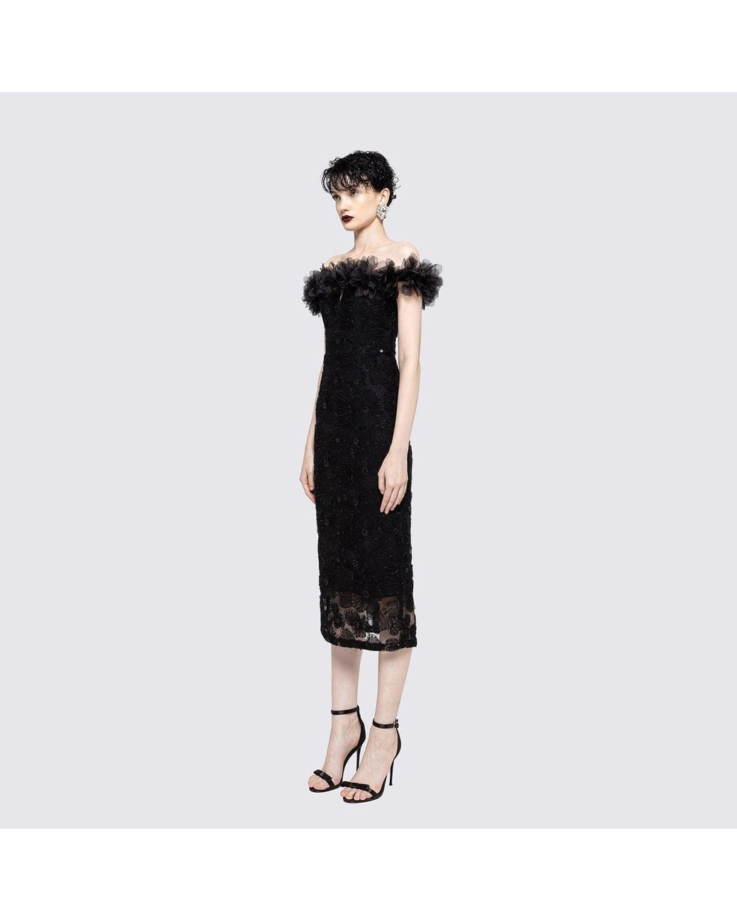 Nissa Black Floral-Detail Lace Midi Dress