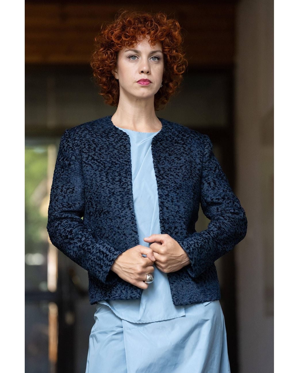 Stovaria Blue Handwoven Moss Texture Wool-Linen Statement Jacket