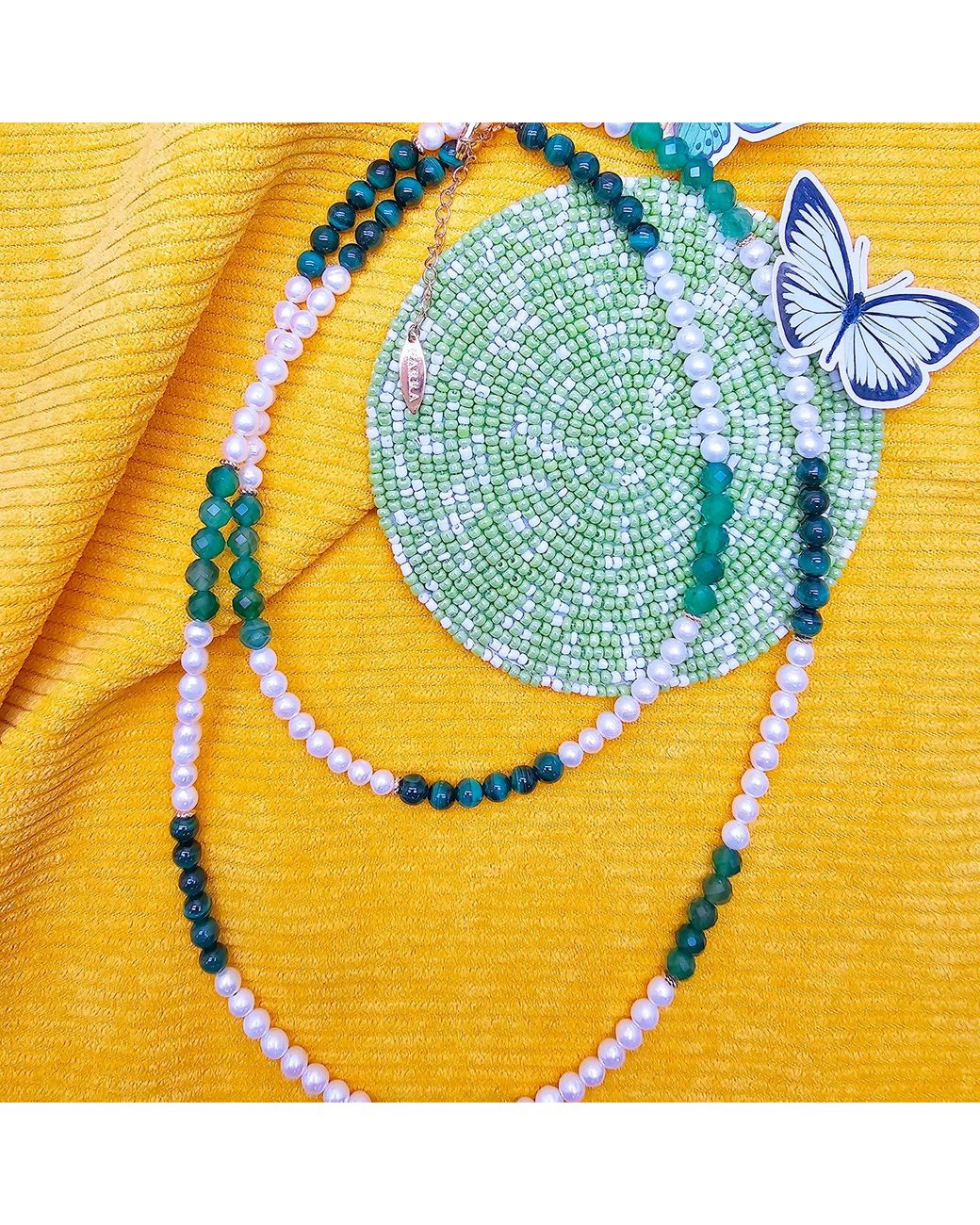 Farra Green Freshwater Pearl With Malachite And Agate Long Necklace